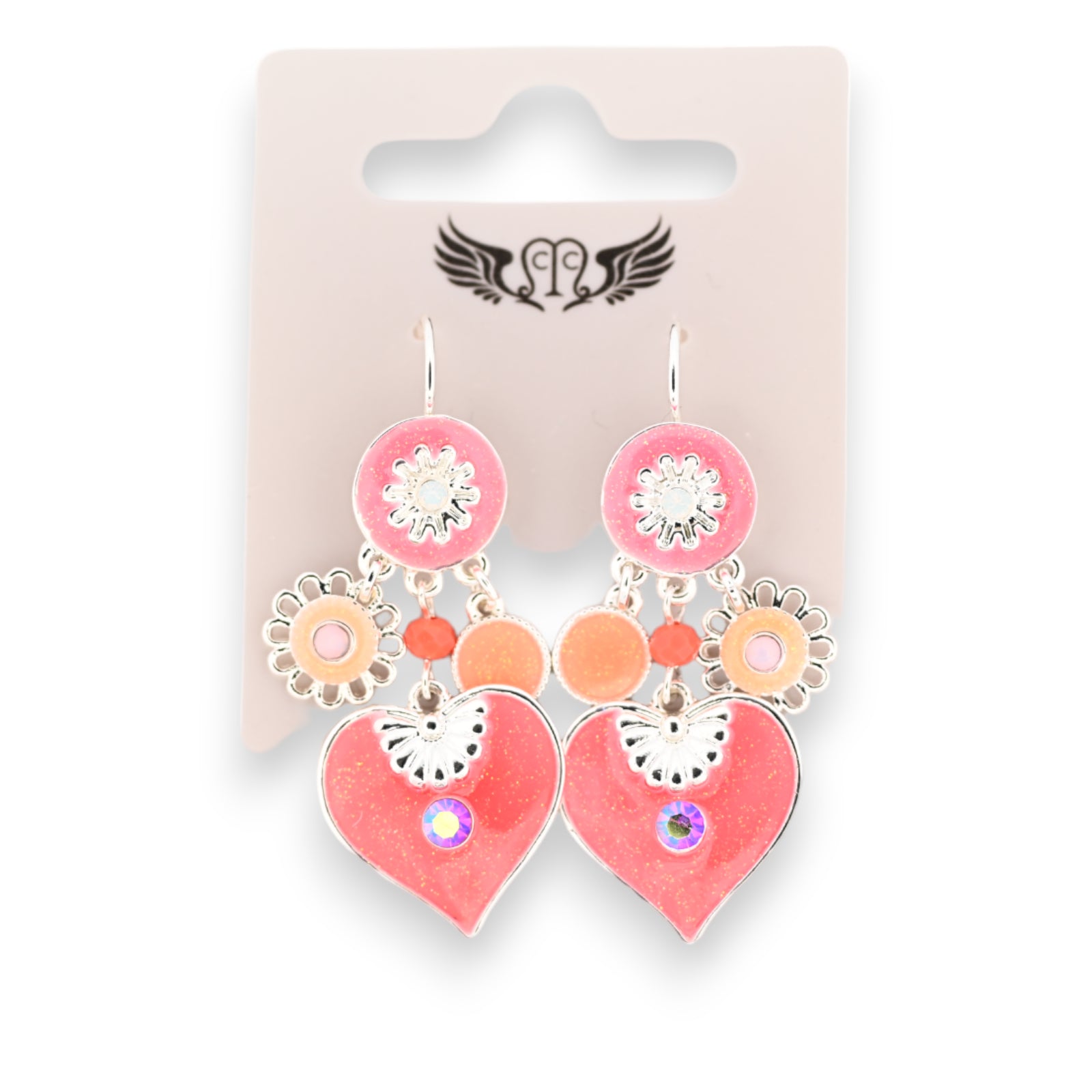 Boucles d'oreilles fantaisies argentées coeur et ses breloques corail