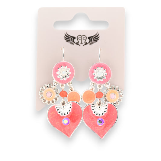 Boucles d'oreilles fantaisies argentées coeur et ses breloques corail