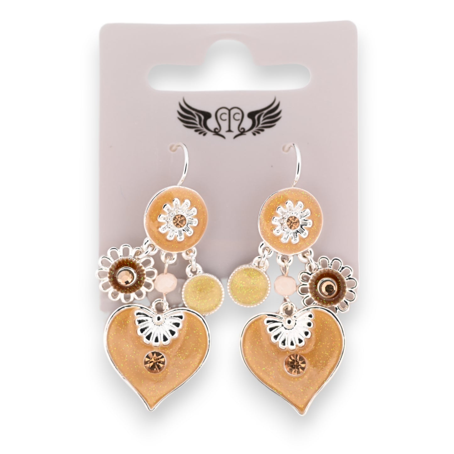 Boucles d'oreilles fantaisies argentées coeur et breloques beige