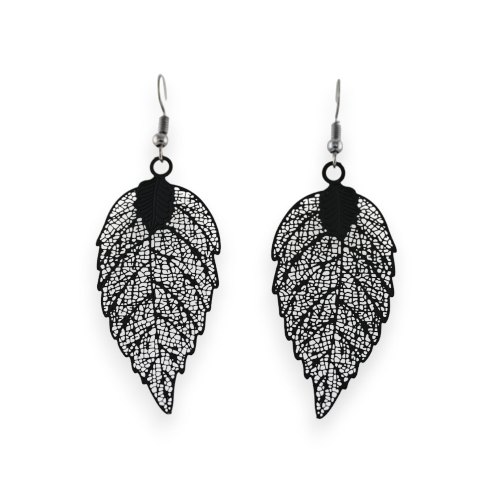 Boucles d'oreilles feuilles noires en dentelle métallique