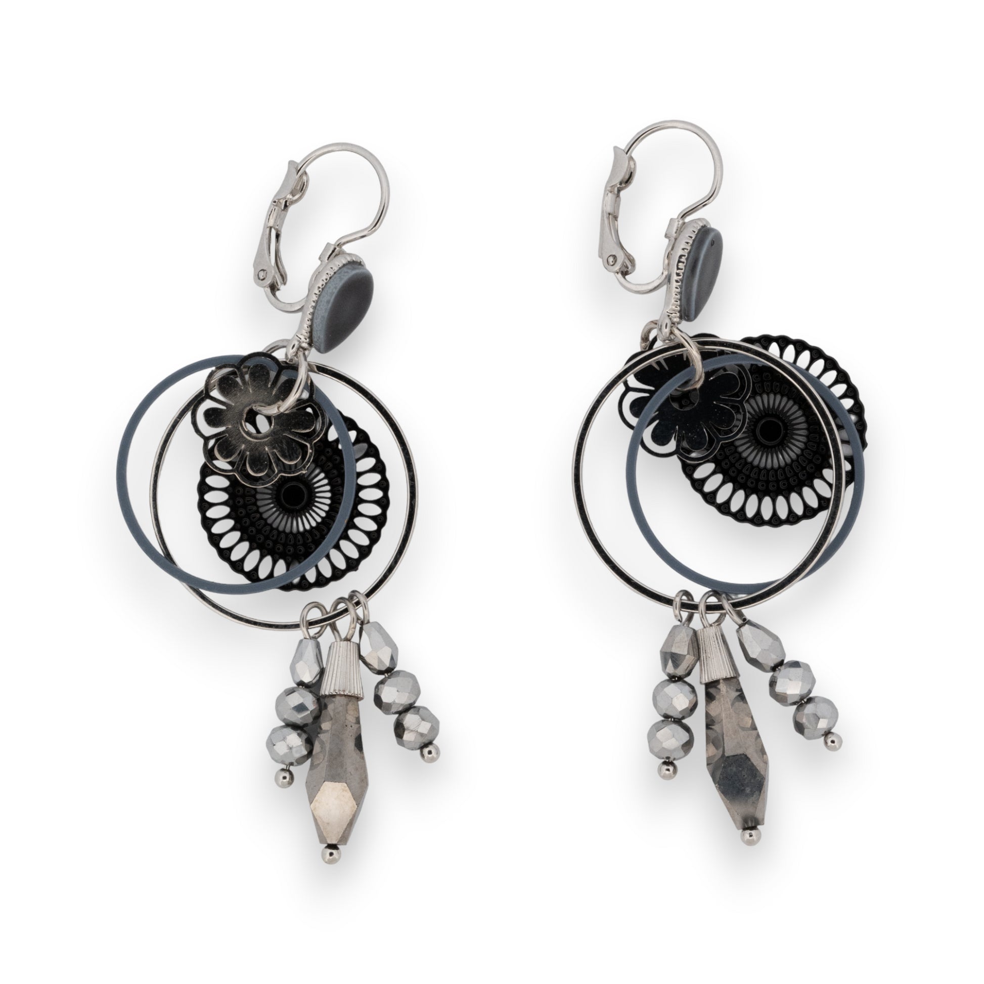 Boucles d'oreilles pendantes tendances noires et argent