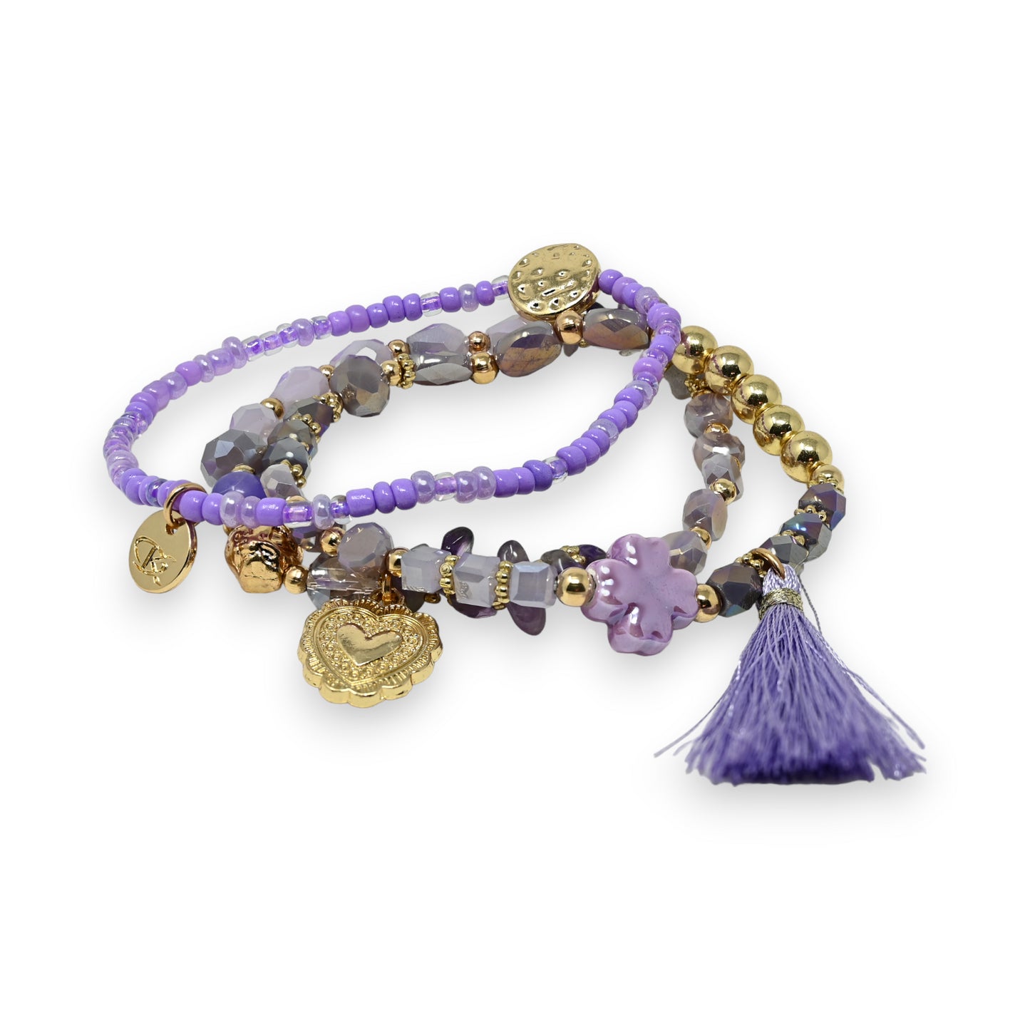 Bracelet 3 pièces perles lilas pompon assorti