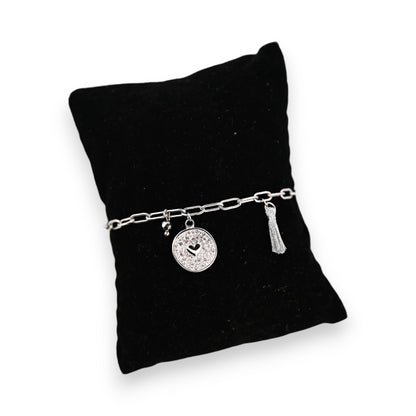 Bracelet acier argenté breloque strass coeur