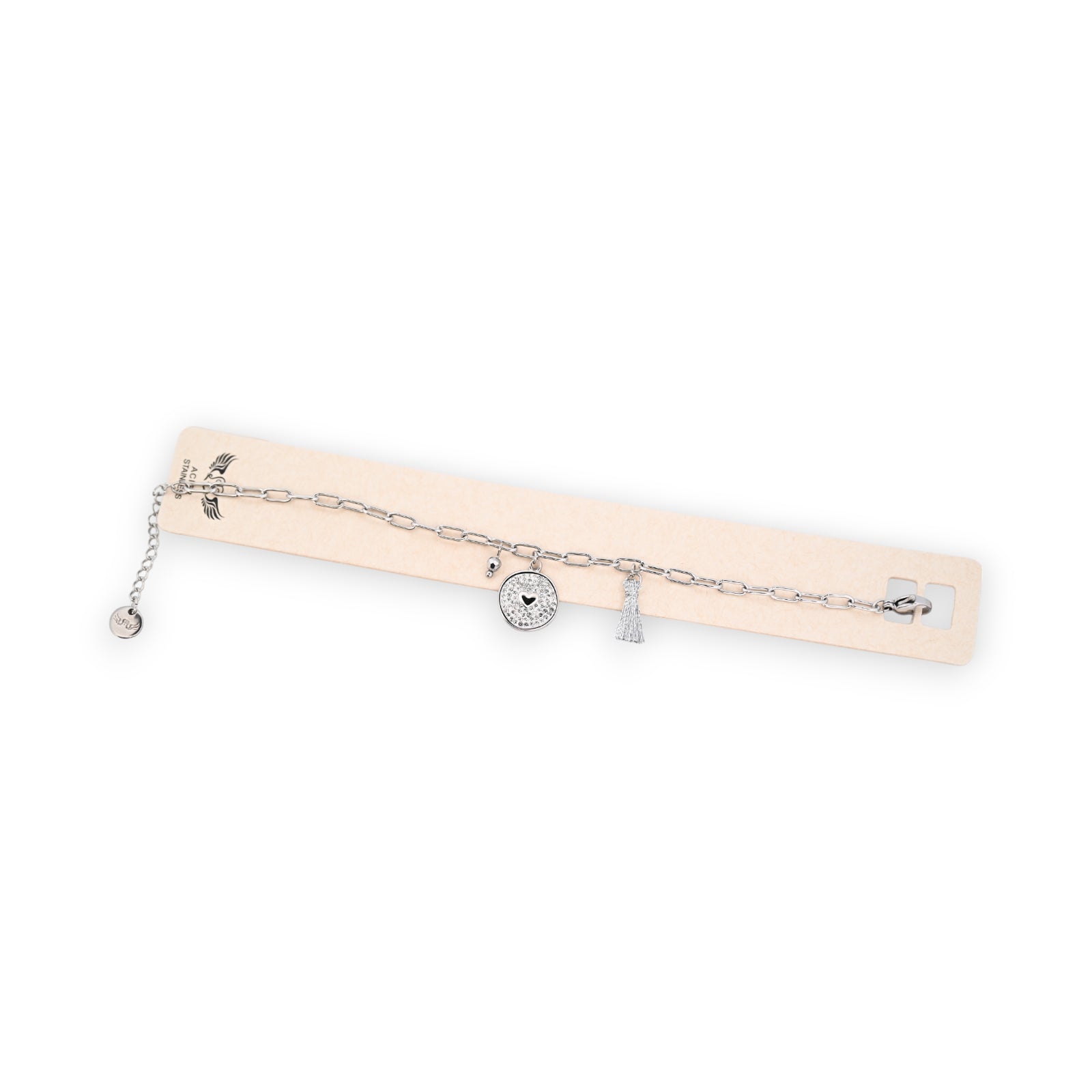 Bracelet acier argenté breloque strass coeur