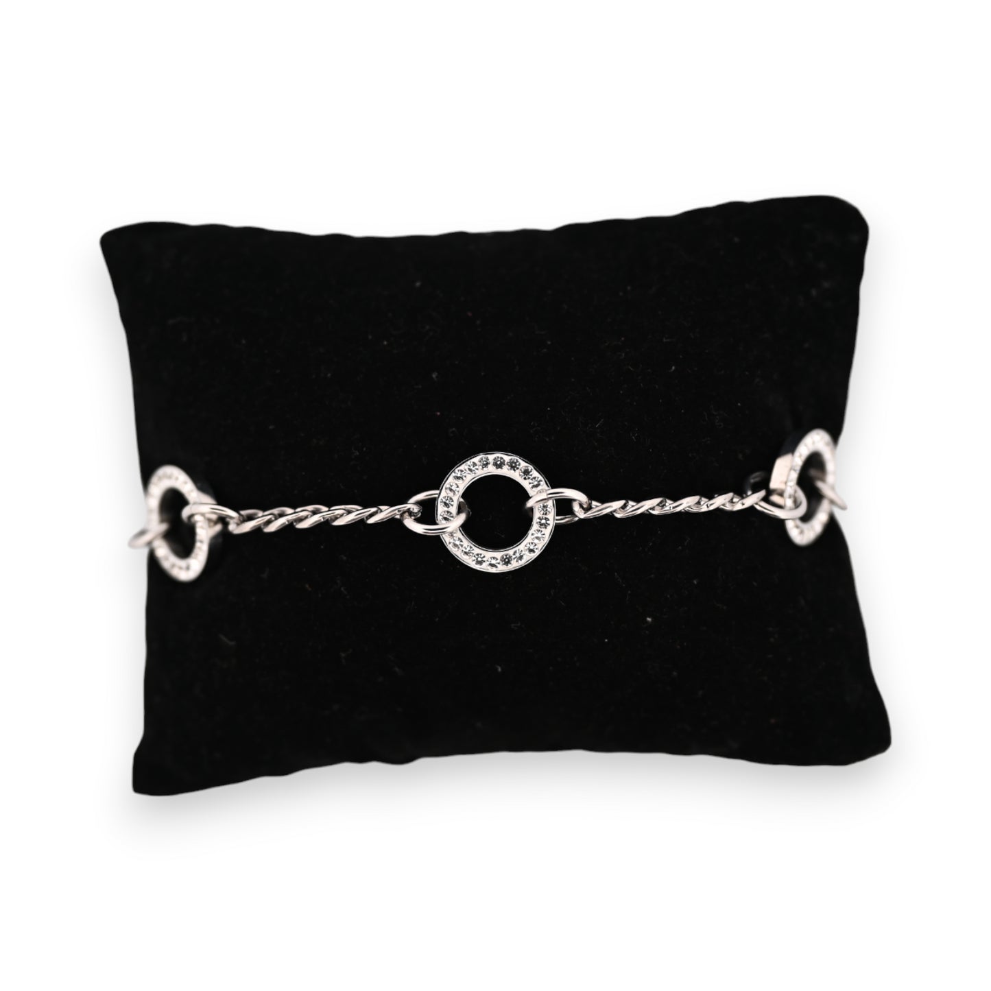 Bracelet acier argenté chaine cercles strass