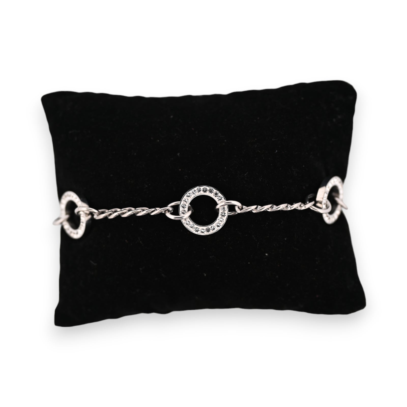 Bracelet acier argenté chaine cercles strass