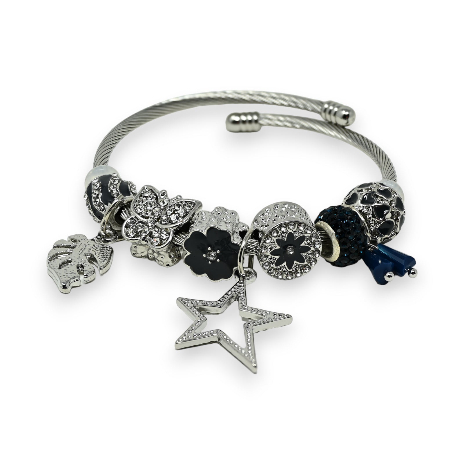 Bracelet charms rigide argenté et bleu marine étoile strass