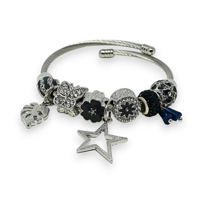 Bracelet charms rigide argenté et bleu marine étoile strass