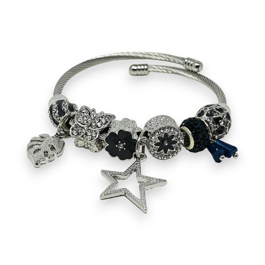 Bracelet charms rigide argenté et bleu marine étoile strass