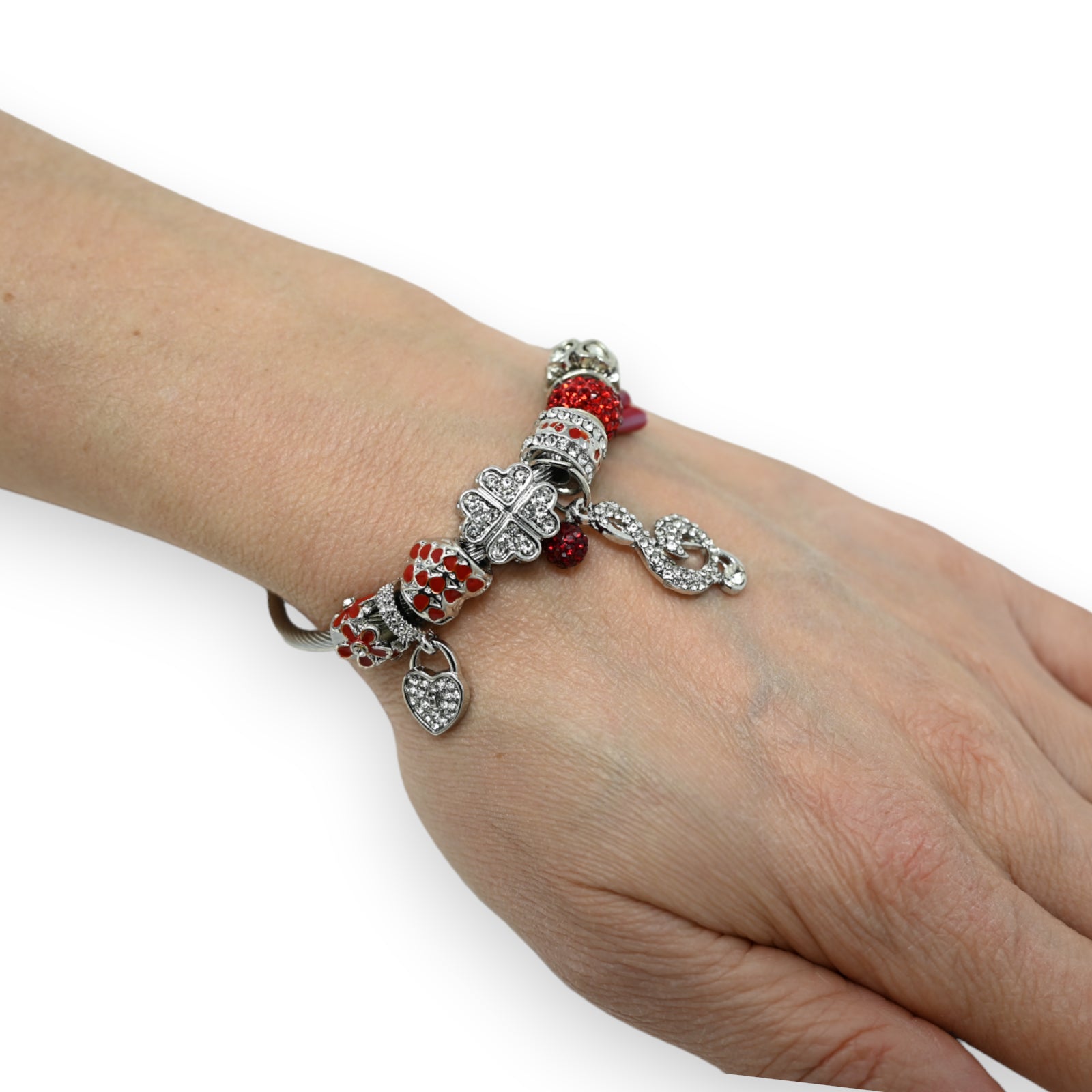 Bracelet charms rigide argenté et rouge clé de sol