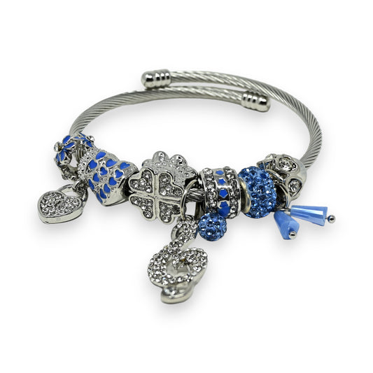 Bracelet charms rigide bleu et argenté clé de sol