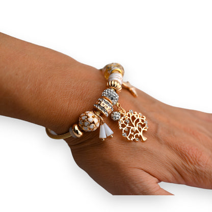 Bracelet charms rigide doré et blanc arbre de vie