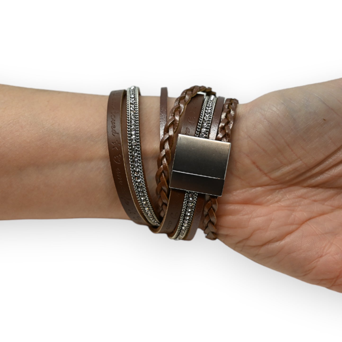 Bracelet cuir double marron tresse et strass