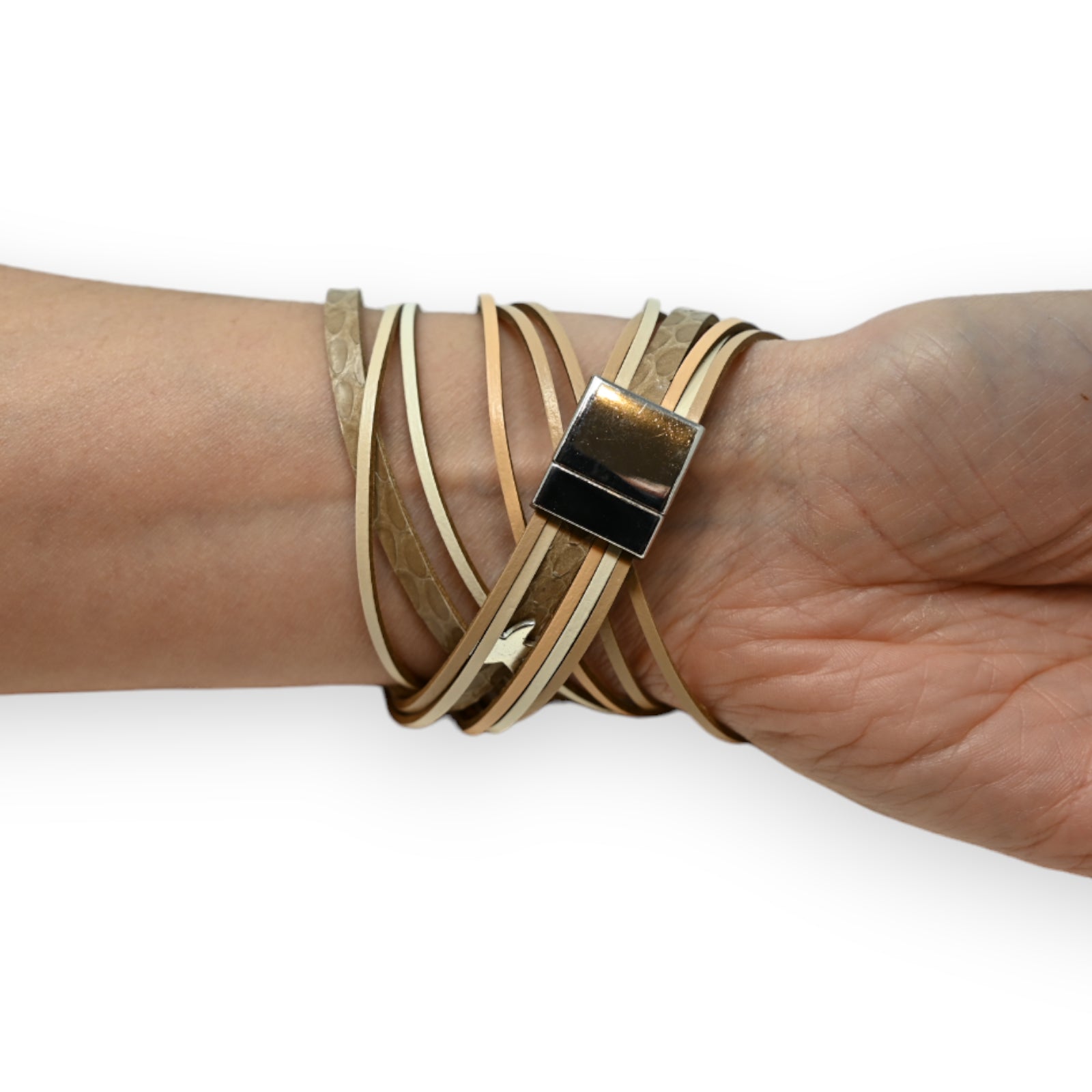 Bracelet double cuir nuances beige étoiles