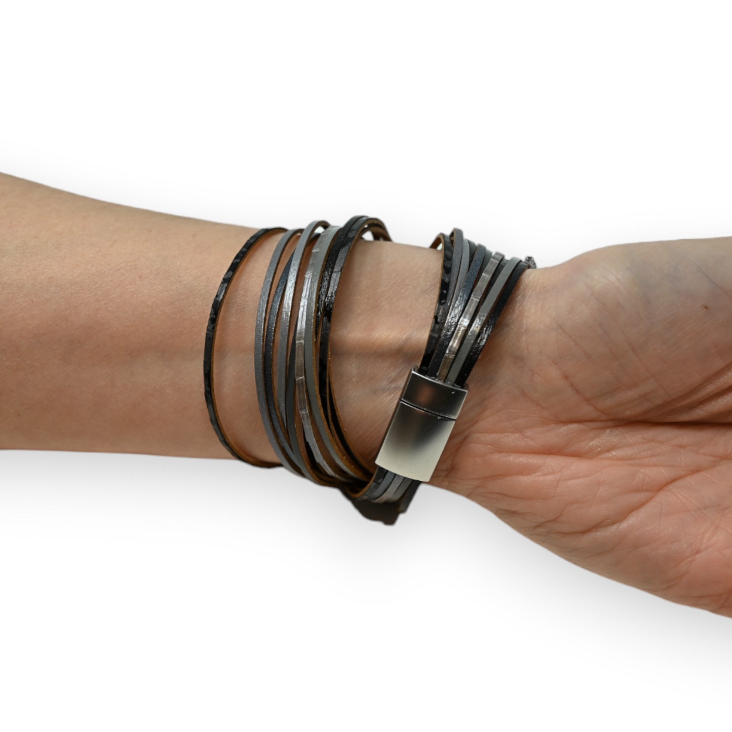 Bracelet double cuir nuances gris noir