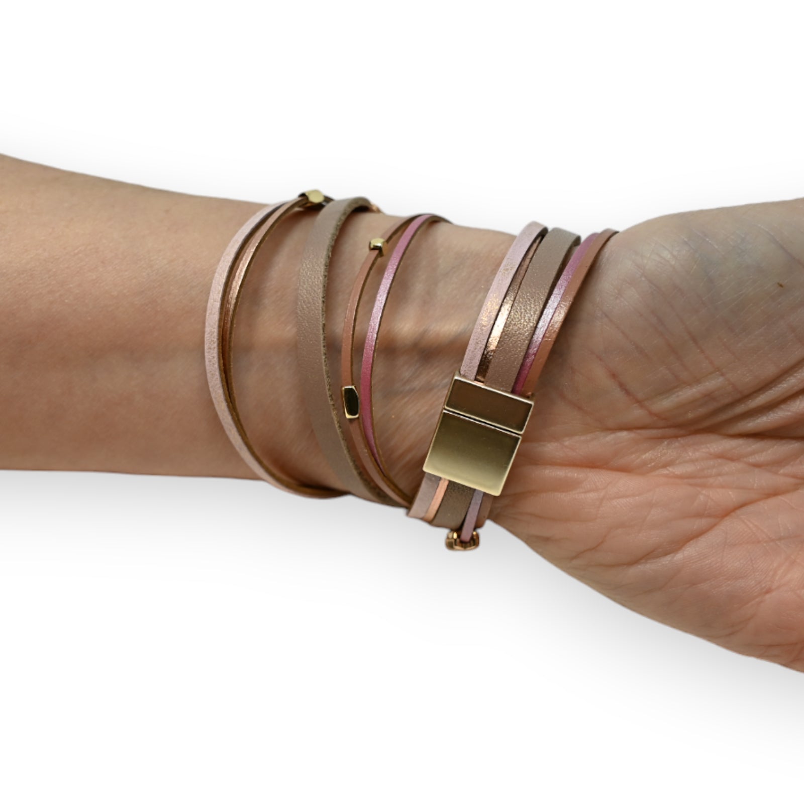 Bracelet double cuir nuances rose pierre brillante