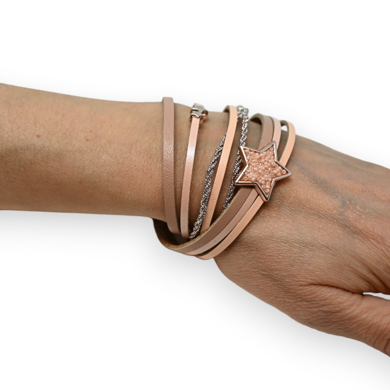 Bracelet double cuir rose étoile