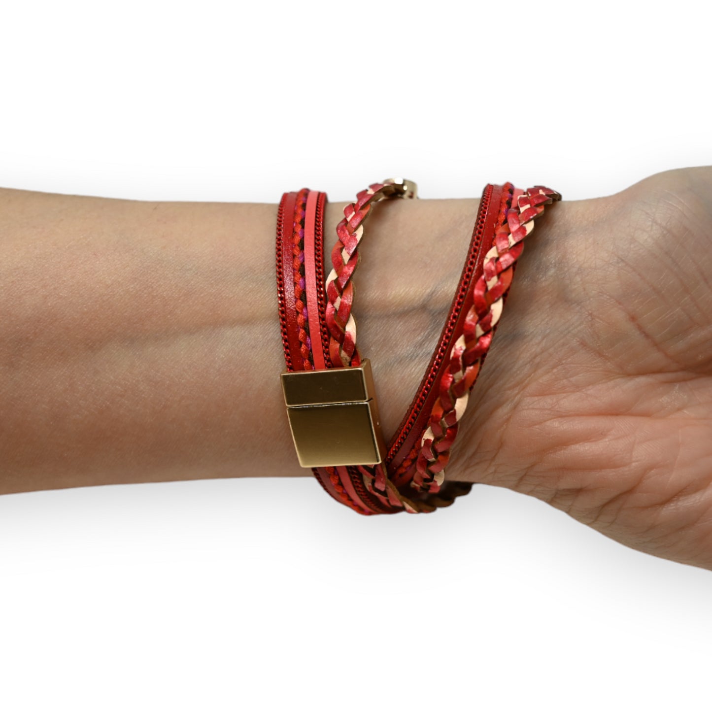 Bracelet double cuir tresse rouge