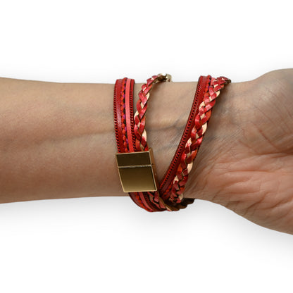 Bracelet double cuir tresse rouge