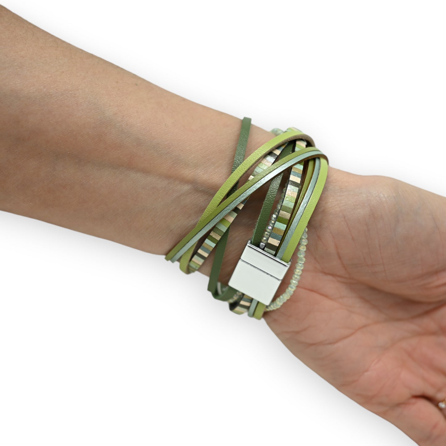 Bracelet double tours nuances de vert et perles