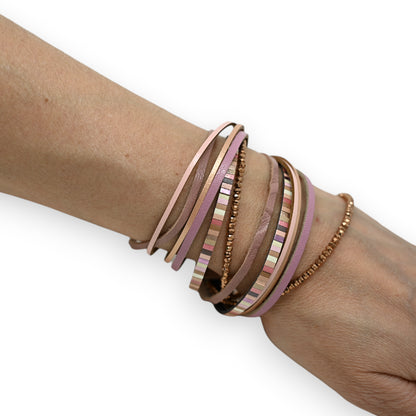 Bracelet double tours nuances vieux rose et perles