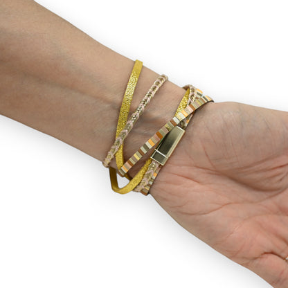 Bracelet double tours simili cuir moutarde