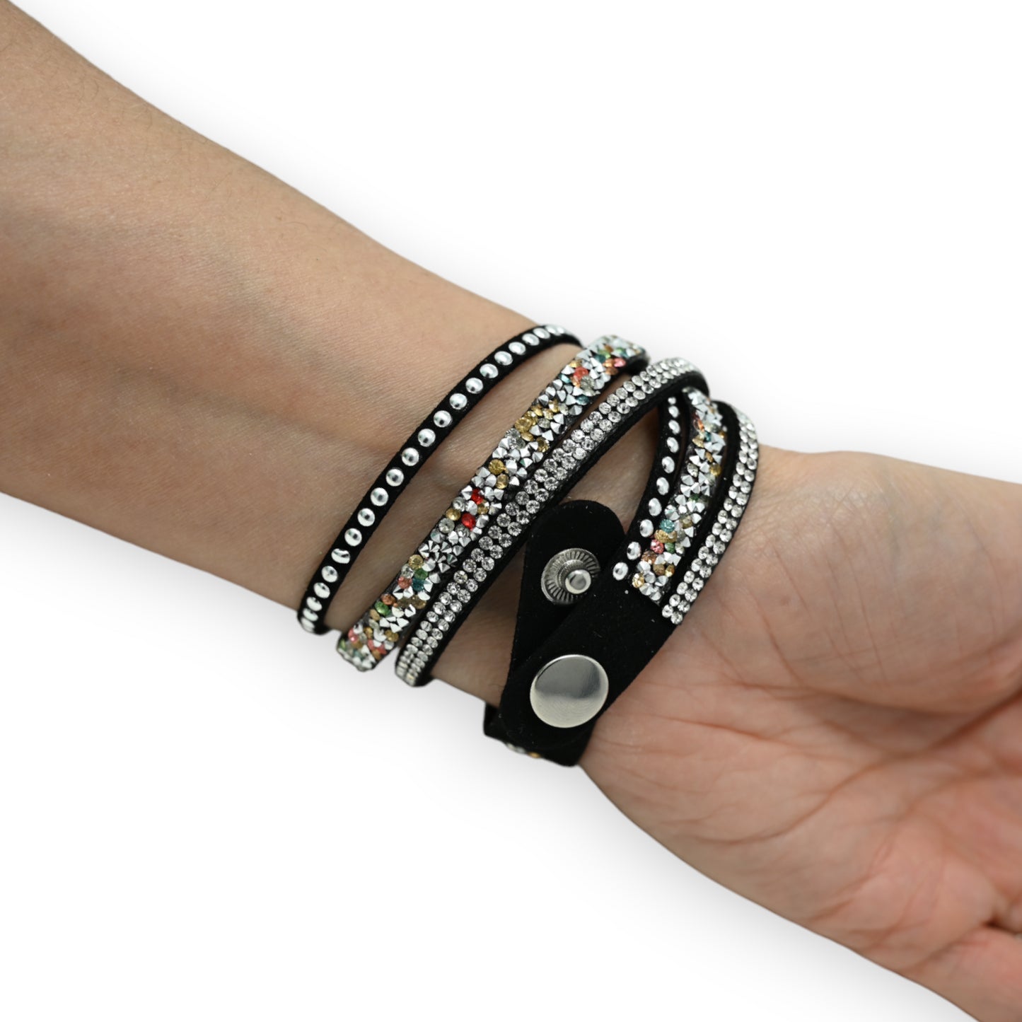 Bracelet double tours noir strass multicolores