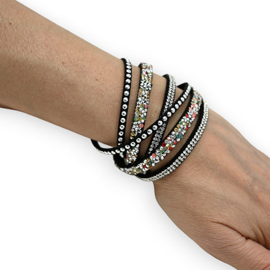 Bracelet double tours noir strass multicolores