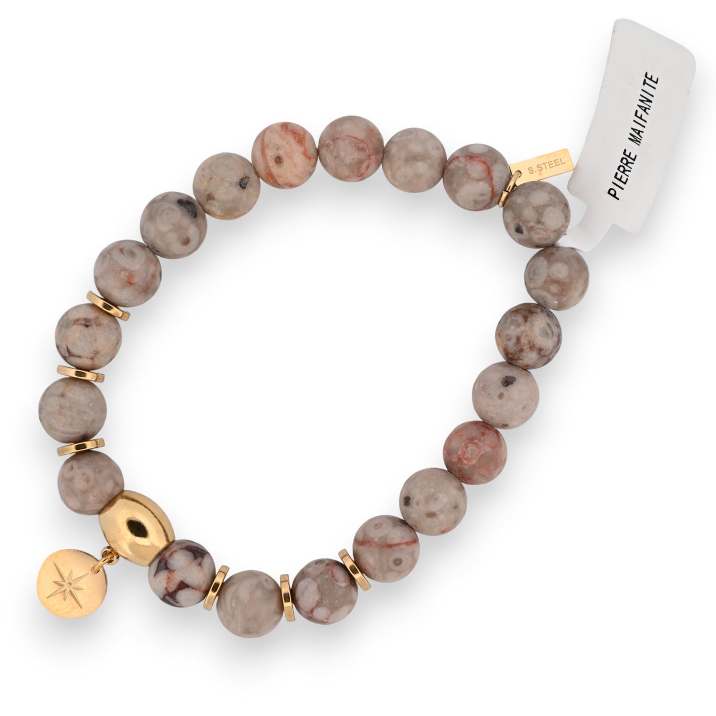 Bracelet en pierre Maifanite et charm médaille