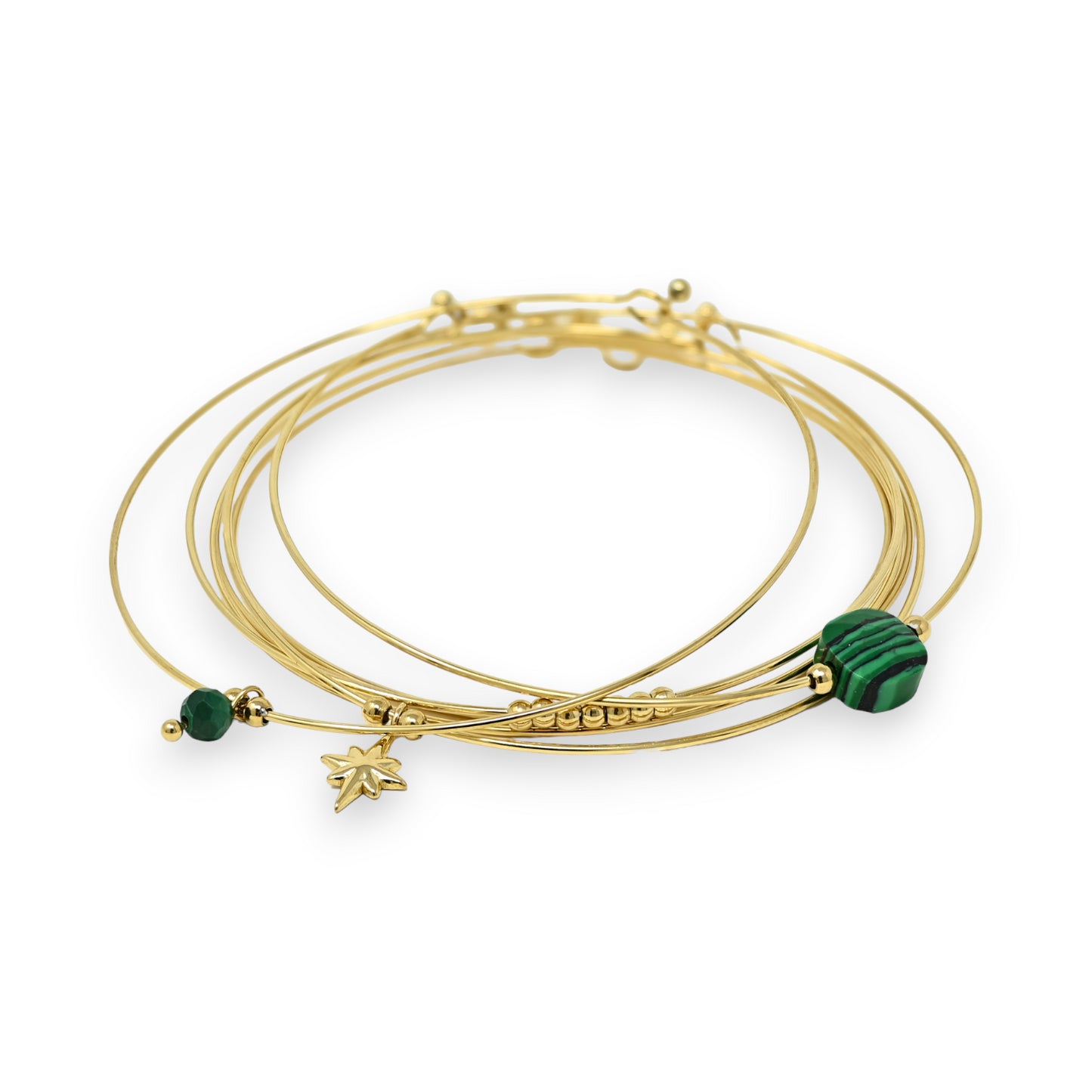 Bracelet jonc acier doré 7 bracelets pierre carrée Malachite