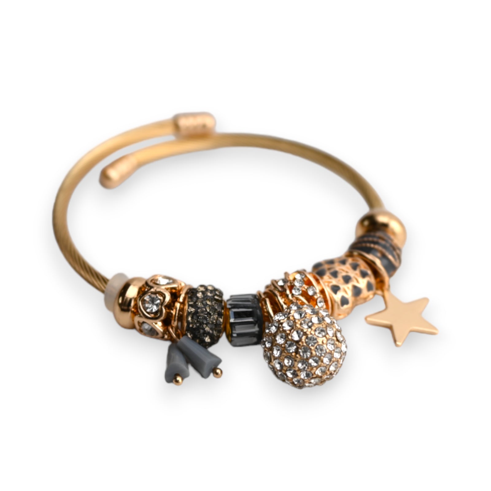 Bracelet rigide gris et doré charms boule strass