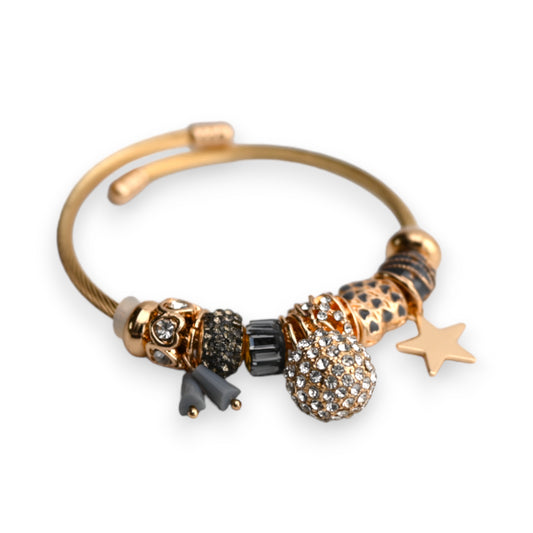 Bracelet rigide gris et doré charms boule strass