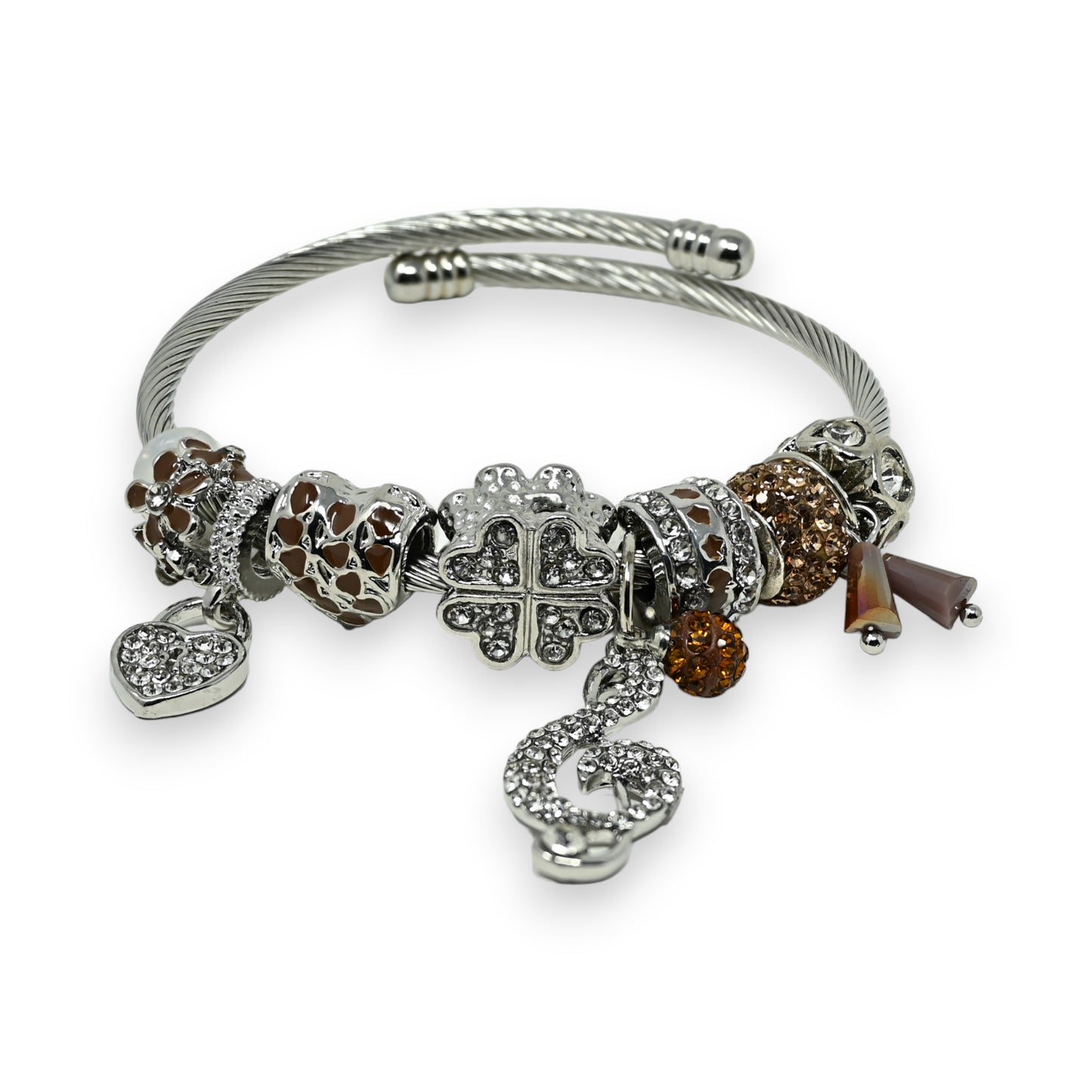 Bracelet charms rigide argenté et marron clé de sol