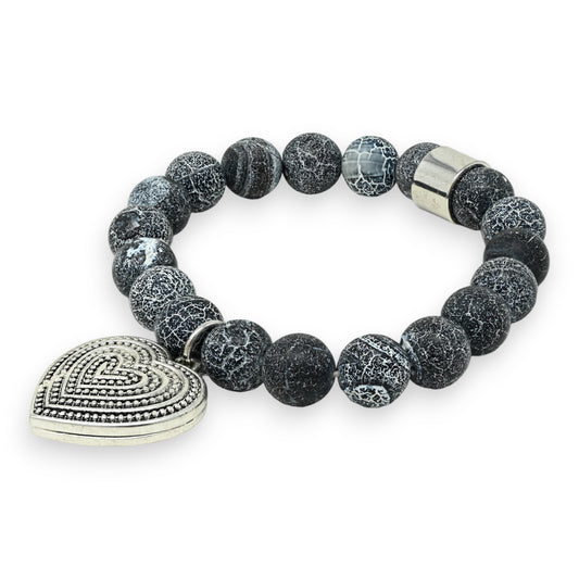 Bracelet pierres gris anthracite breloque médaillon coeur argenté