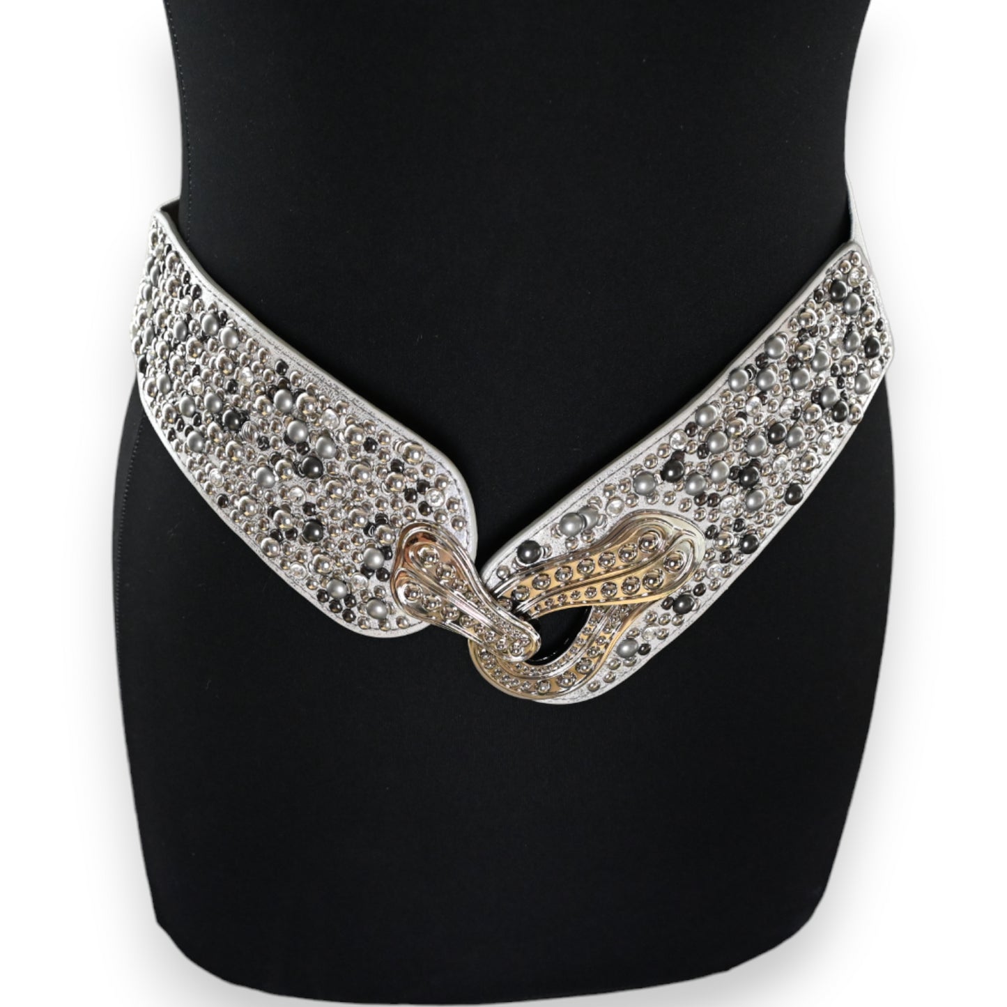 Ceinture fantaisie élastique femme clous rivets argentés gris