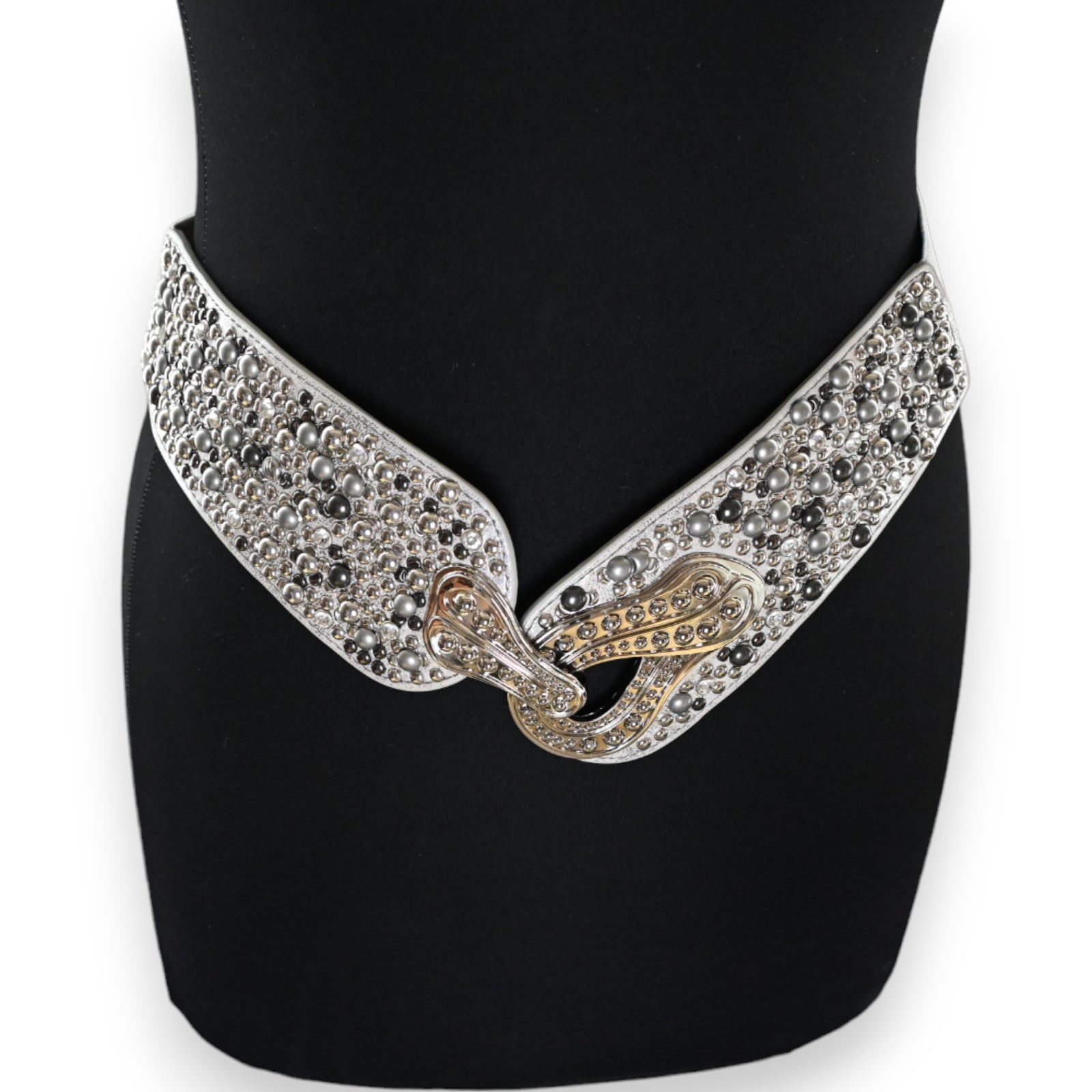 Ceinture fantaisie élastique femme clous rivets argentés gris