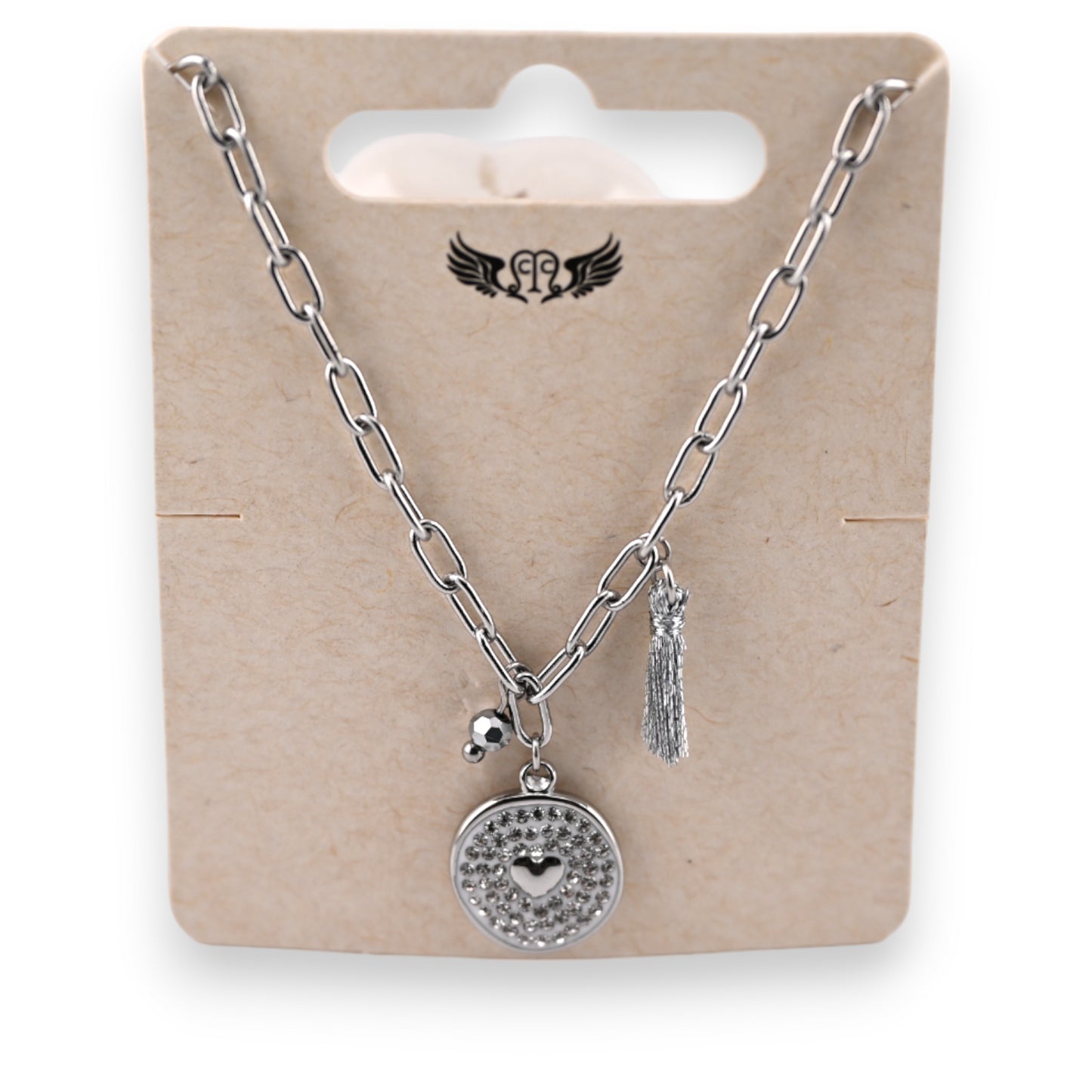 Coller acier argenté médaillon strass et petit coeur