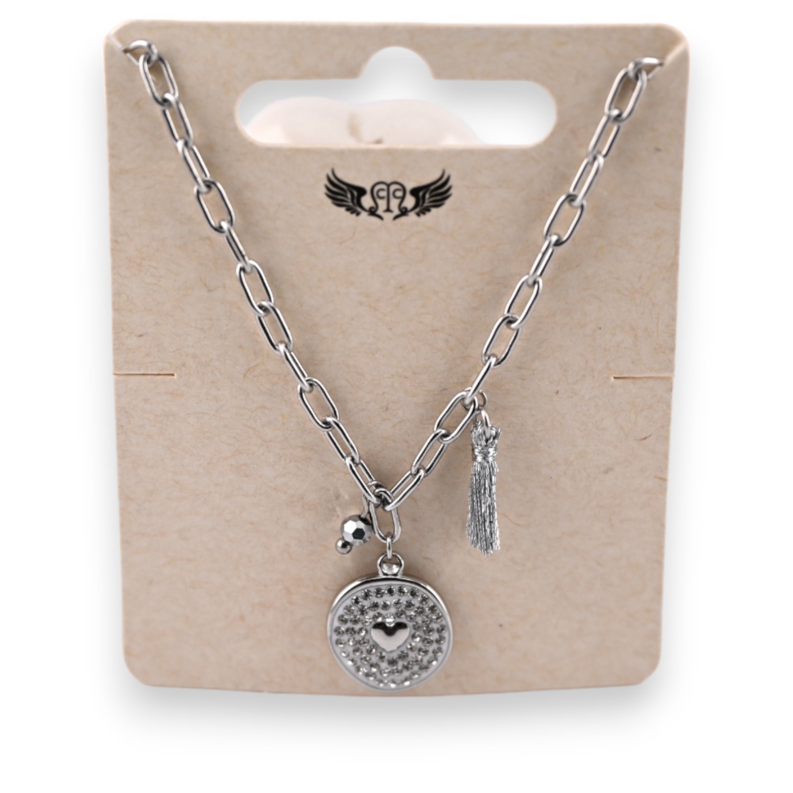 Coller acier argenté médaillon strass et petit coeur