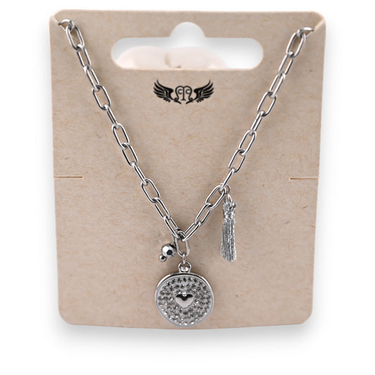 Coller acier argenté médaillon strass et petit coeur