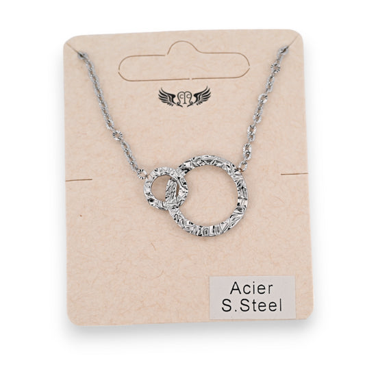 Collier acier argenté 2 cercles enlacés striés
