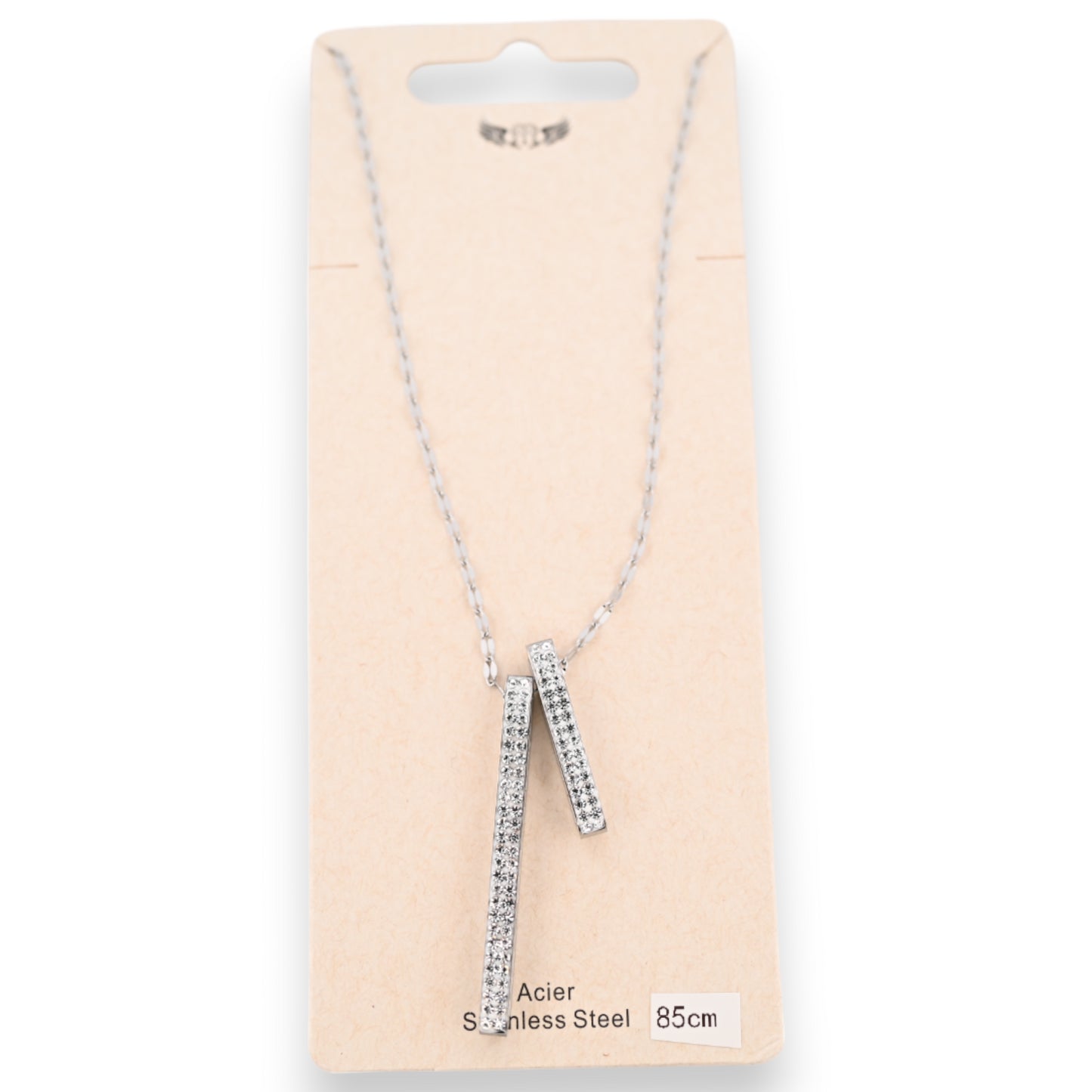 Collier acier argenté 2 tubes de strass scintillants