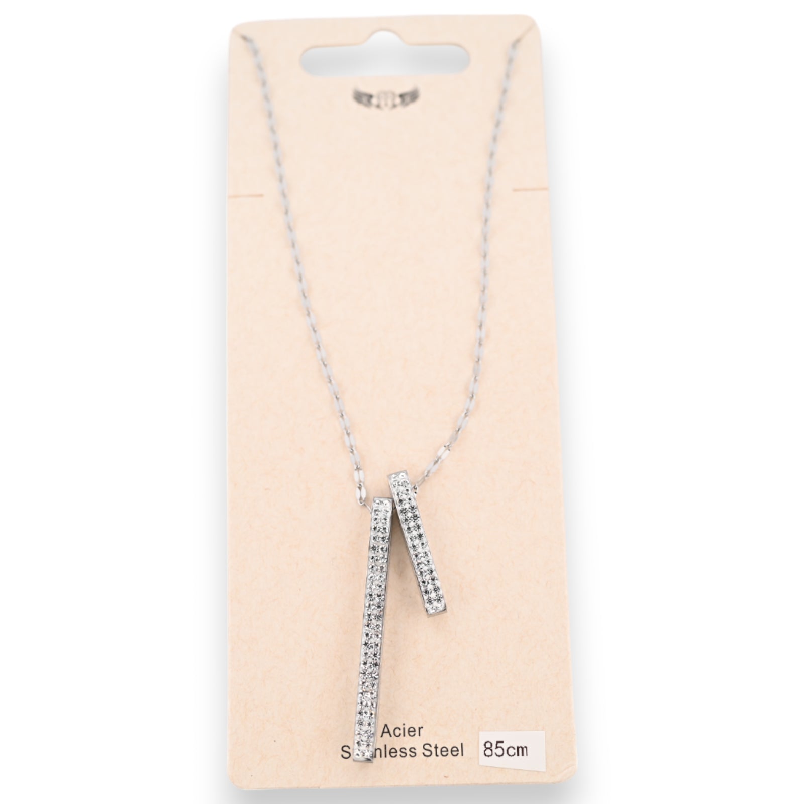 Collier acier argenté 2 tubes de strass scintillants