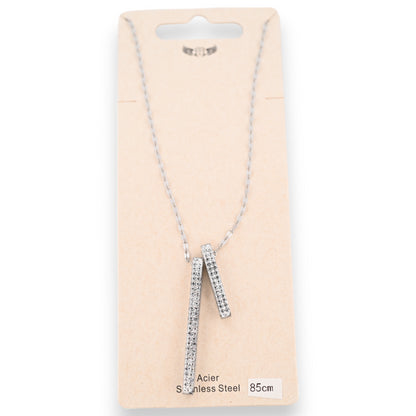 Collier acier argenté 2 tubes de strass scintillants