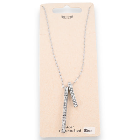 Collier acier argenté 2 tubes de strass scintillants