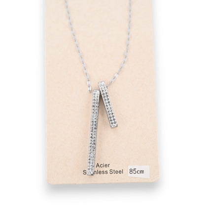 Collier acier argenté 2 tubes de strass scintillants