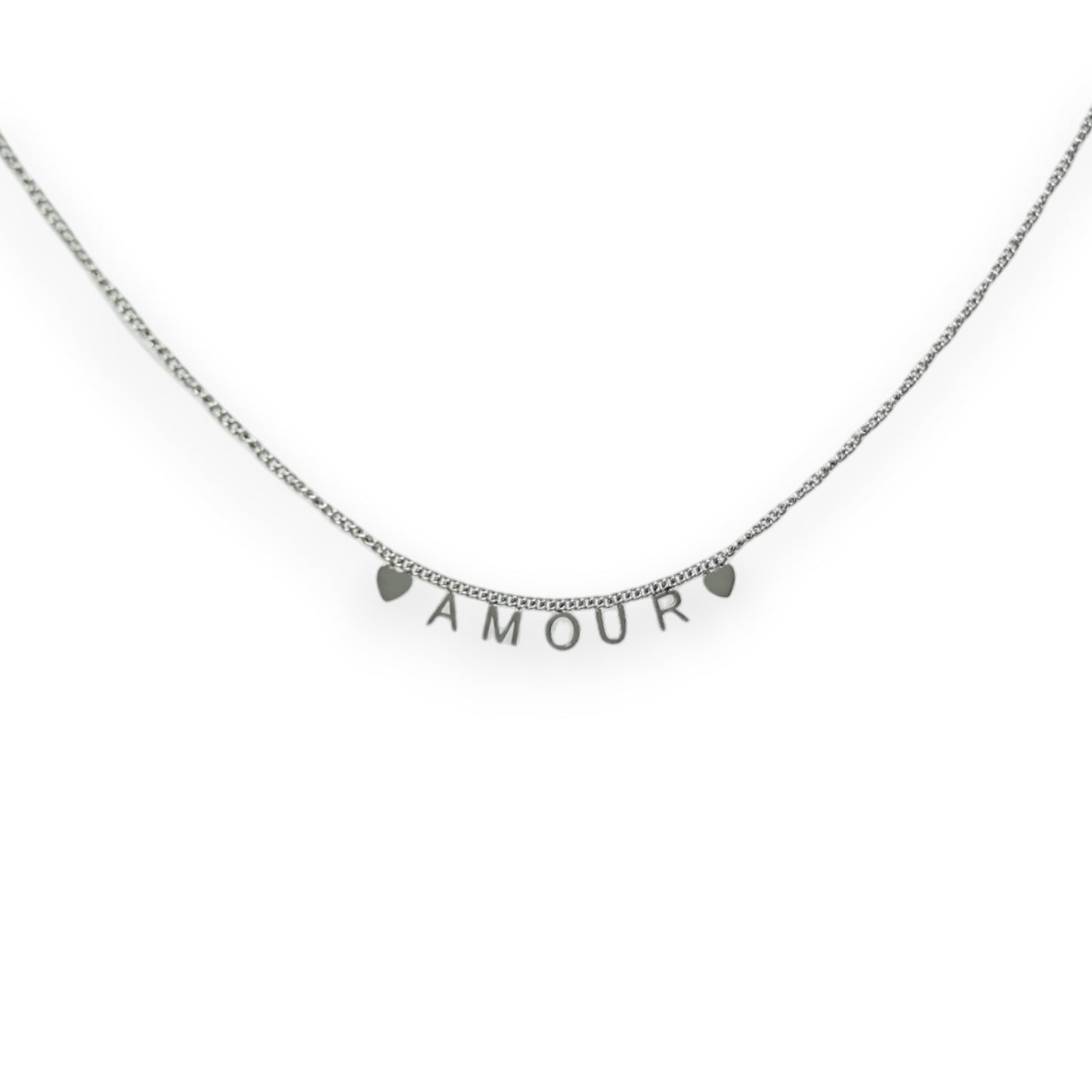 Collier acier argenté AMOUR  breloques coeurs