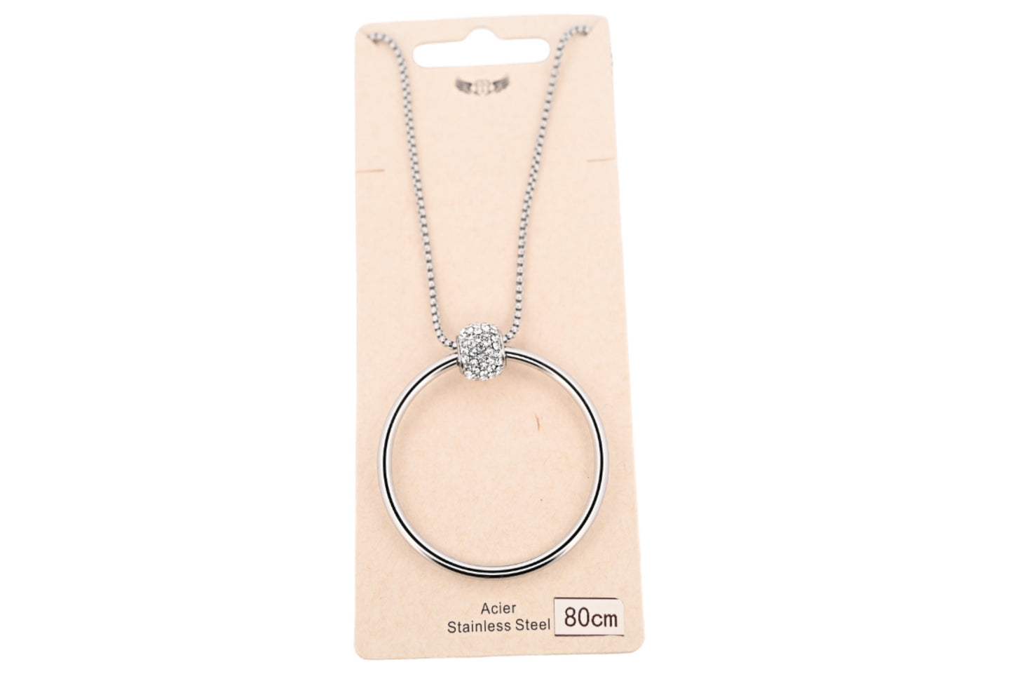 Collier acier argenté cercle ajouré et charms strass