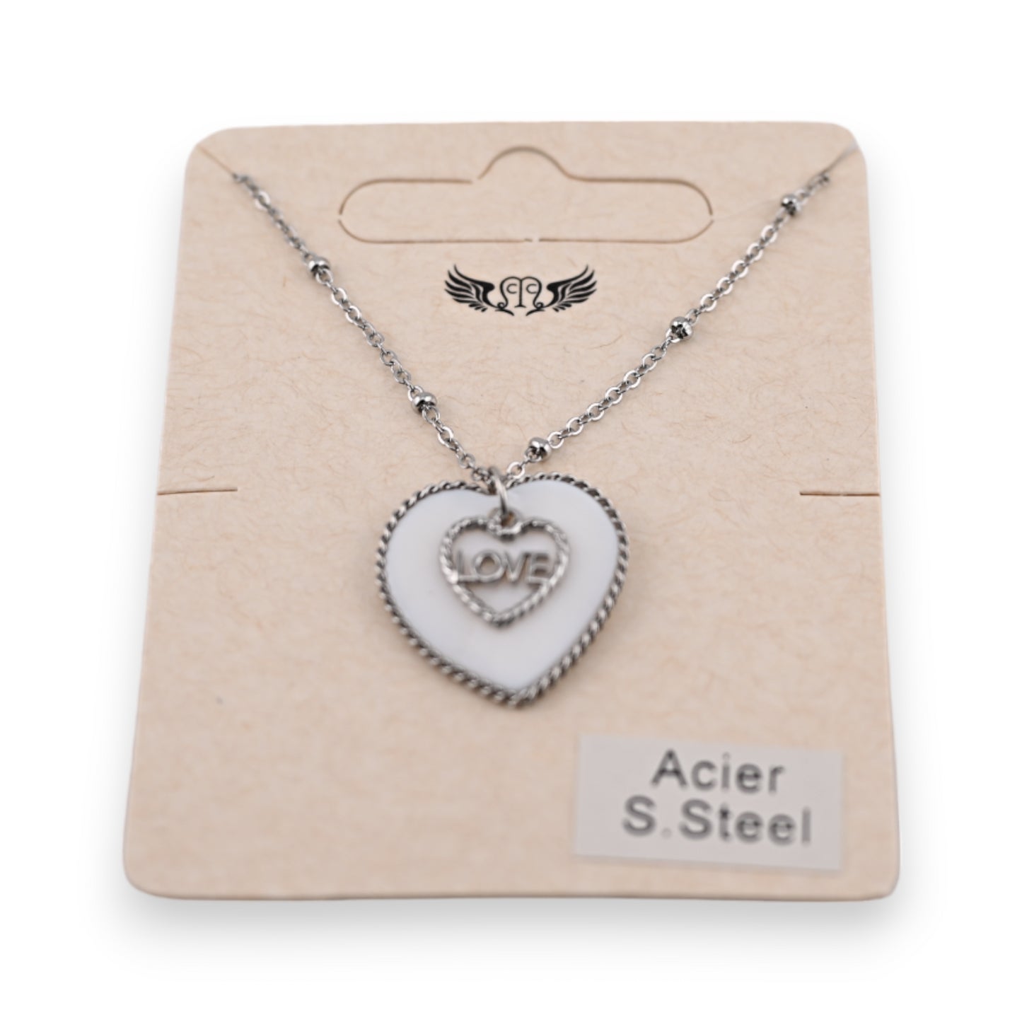 Collier acier argenté médaillon  double coeur nacre LOVE