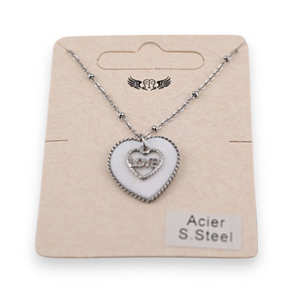 Collier acier argenté médaillon  double coeur nacre LOVE