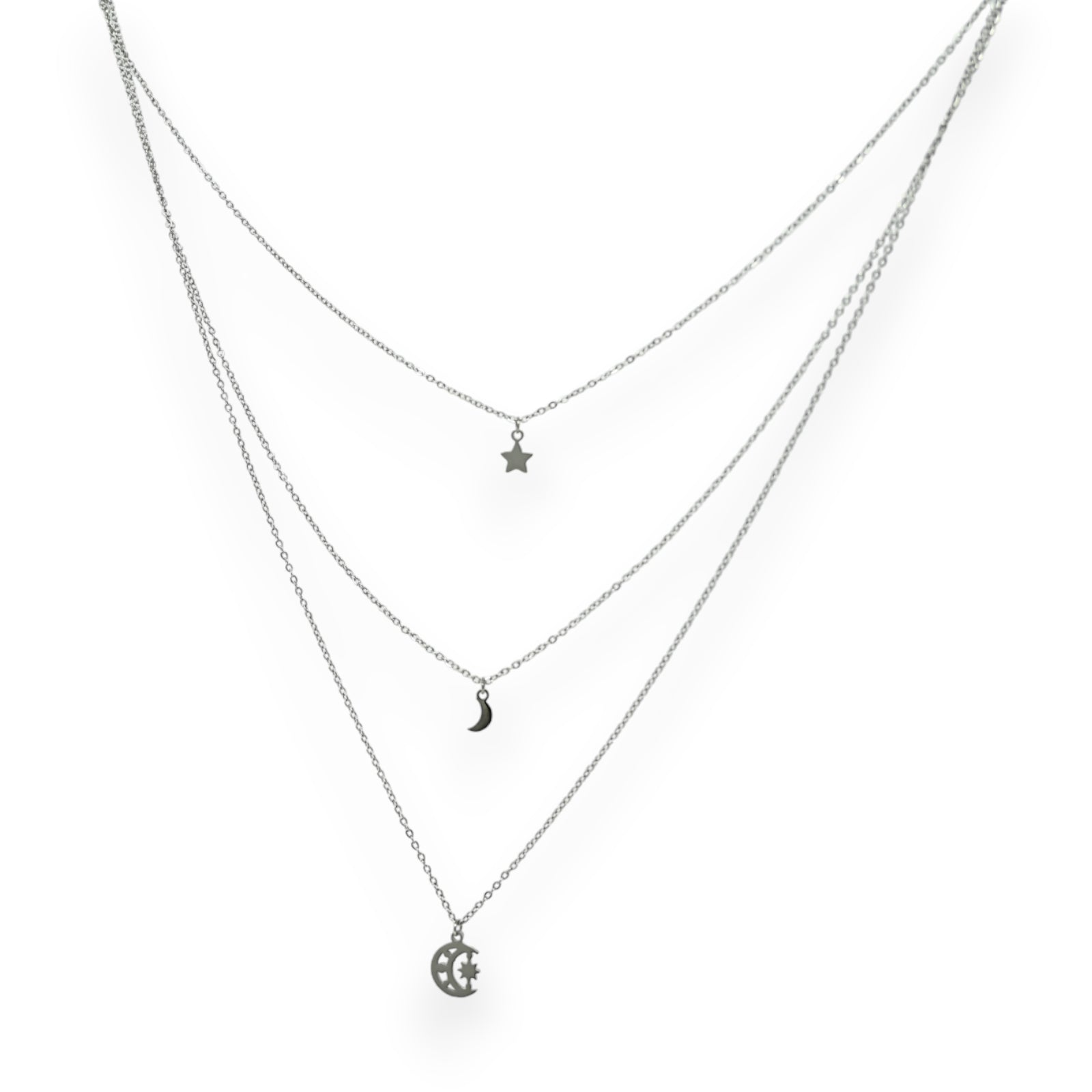 Collier acier argenté multi rangs lune et étoile